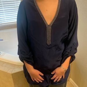 100% silk beaded navy blouse